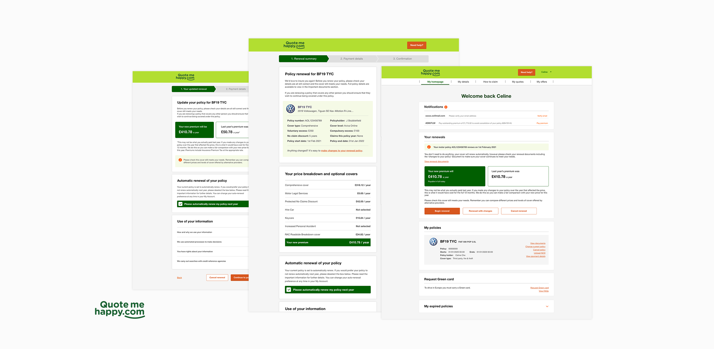 Motor renewal journey screens for Quote Me Happy